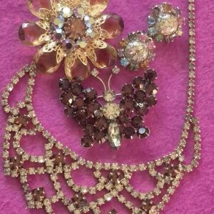 Vtg Rhinestone Bibb Necklace; Butterfly & Flower Brooches & Clip Earring Lot